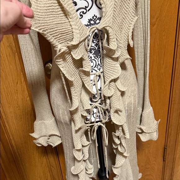 Boston Proper Tan Waterfall Ruffled Longline Cardigan with Ties Lightweight Med - Picture 11 of 11
